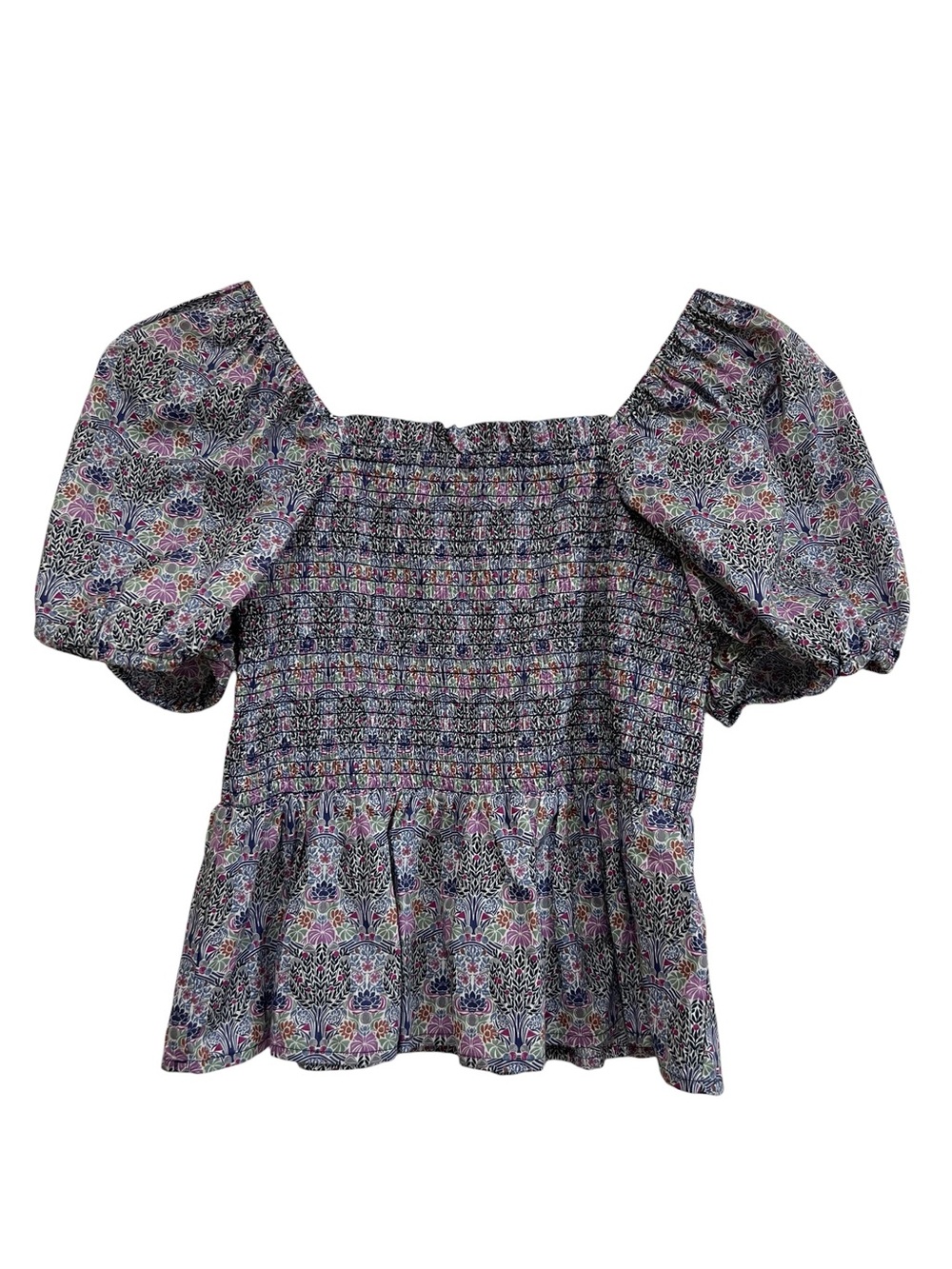 J. Crew Liberty Fabric Smocked Square Neck Puff Sleeve Floral Peplum Top Large